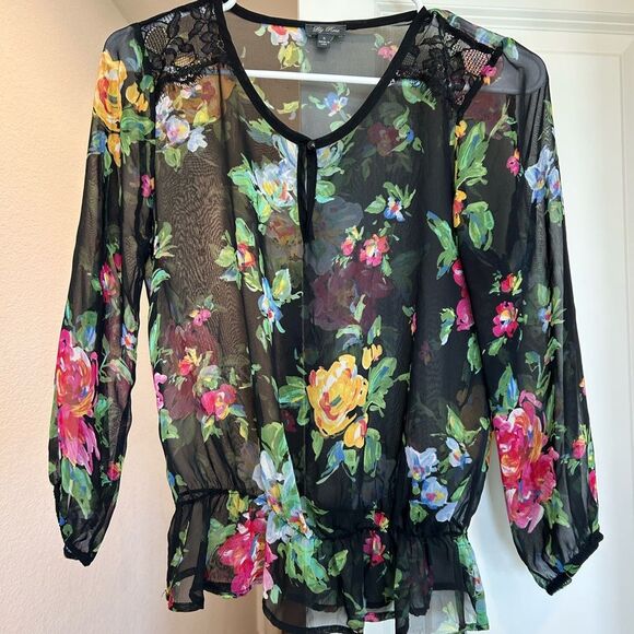 Lily Rose Pink and Yellow Sheer Floral and Black Blouse, Size S - Picture 1 of 11